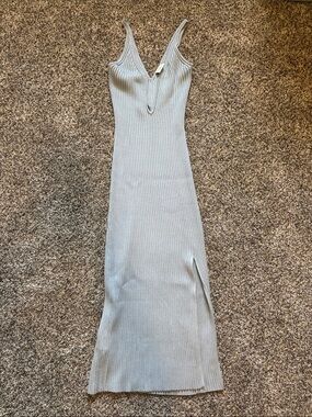 Ribbed V-Neck Midi Slip Dress in Light Blue
